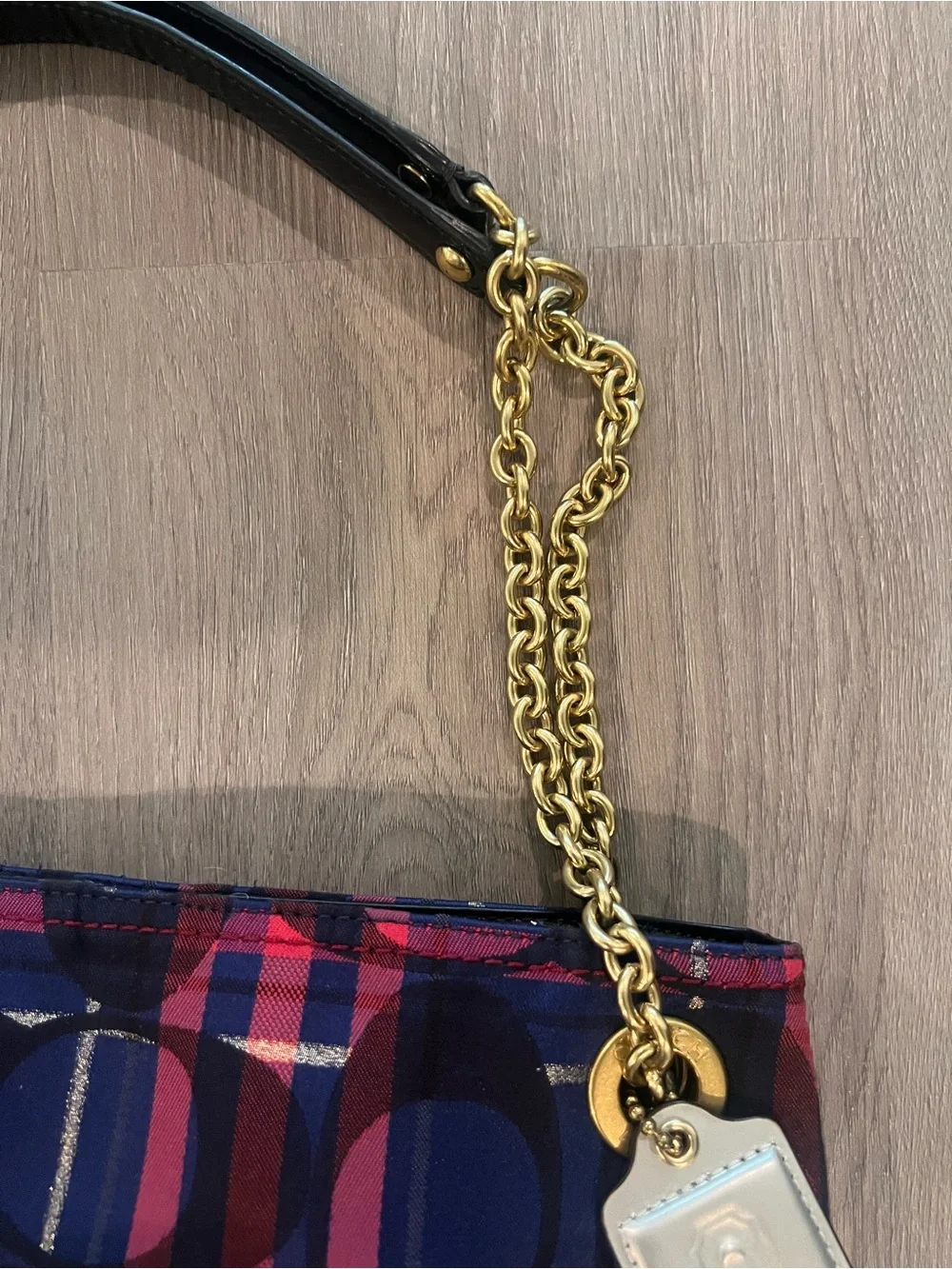 Coach Poppy metallic Tartan Plaid slim chain tote